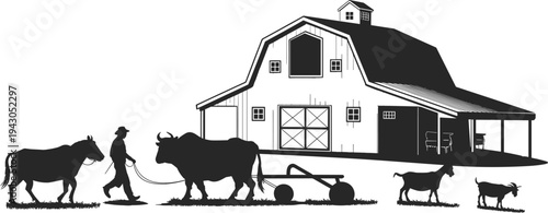 Rural farm barn silhouette with farmer leading oxen horse and goats agriculture countryside vector illustration traditional farming landscape scene