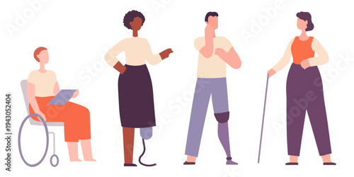 Diverse people character set of different occupations, ages and disabilities in flat vector style