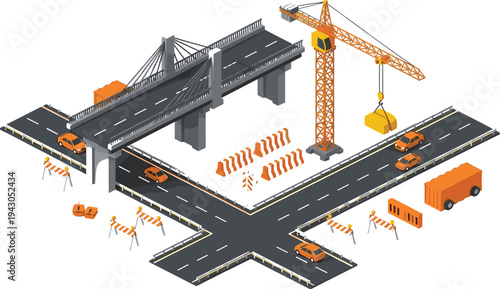 Isometric bridge construction scene with tower crane road intersection vehicles and barriers vector illustration for urban infrastructure development and engineering project