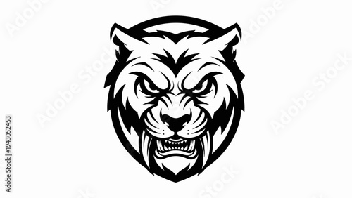Bold black and white illustration of a roaring feline predator against white background
