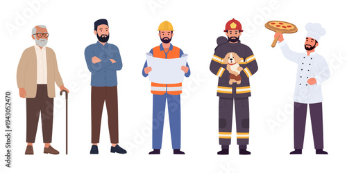 Diverse people character set of different occupations and social groups in flat vector style
