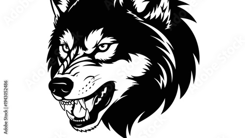 Intense black and white wolf head illustration design for creative projects