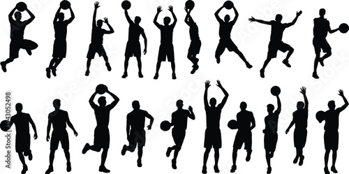 Silhouette vector illustration of basketball players in dynamic action poses with ball, sports movement design for athletic competition and training graphics