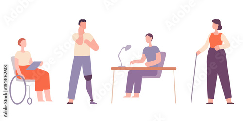 Diverse people character set of different occupations, ages and disabilities in flat vector style