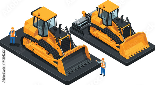 Isometric bulldozer heavy construction machinery with workers vector illustration showing crawler tractors for earthmoving road building and industrial engineering projects