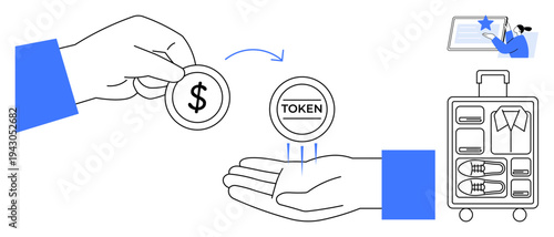 Digital transactions, token payment, luggage handling, travel systems, virtual currency, identity validation. A hand exchanges a dollar coin for a token near a packed suitcase. Digital transactions