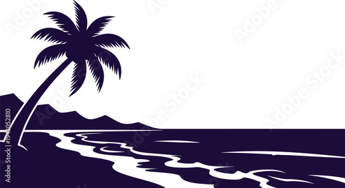 Palm tree tropical beach in dark blue silhouette with white background for travel brochure
