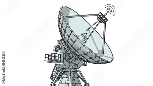 Massive grey satellite dish antenna with a signal radiating from its receiver, depicted in a clean outline style, symbolizing communication and technology.
