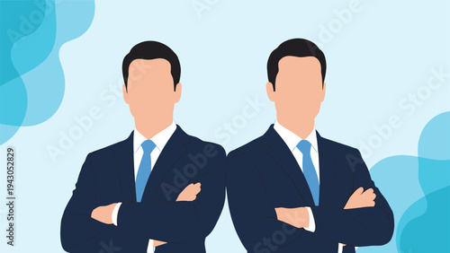 Two confident businessmen in sharp blue suits and ties, standing with arms crossed, symbolizing partnership, corporate identity, or professional management.