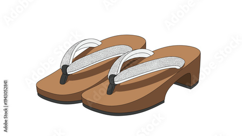 Traditional pair of Japanese wooden geta sandals with elevated soles and white fabric thongs, representing cultural footwear and traditional fashion.