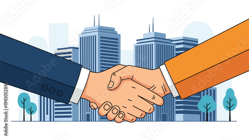 Strong handshake between two business professionals against a modern city skyline, symbolizing a successful partnership, agreement, or cooperation.