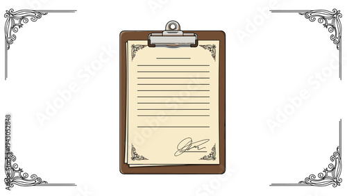 Vintage-style clipboard holding a formal document with elegant script, a prominent signature, and ornate decorative corners, symbolizing agreement or contract.