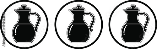 Black Silhouette Kitchen Pitcher and Water Jug Vector Icon Set in Circular Frames for Dining Home Decor and Beverage Service IllustrationBlack Silhouette Kitchen Pitcher and Water Jug Vector Icon Set 
