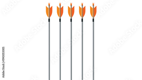Five sleek vertical arrows with vibrant orange fletching, suggesting archery, precision, direction, or a symbolic representation of goals.