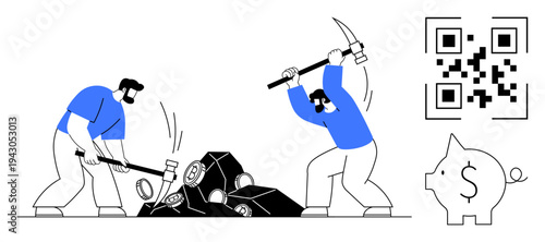 Cryptocurrency, blockchain, financial analytics, mining, digital transactions, fintech. Workers extracting coins, piggy bank and QR code. Cryptocurrency and digital transactions concepts