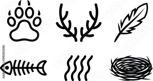 Wildlife nature icon set featuring paw print antlers feather fish bone water waves bird nest minimal line vector illustration collection