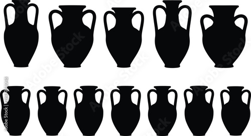 Ancient Greek Amphora Vector Silhouette Set Featuring Various Traditional Pottery Shapes and Ceramic Jar Designs for Historical and Mediterranean IllustrationAncient Greek Amphora Vector Silhouette Se