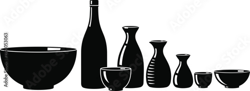 Black Silhouette Vector Set of Traditional Japanese Sake Bottles Ceramic Bowls and Small Cups for Oriental Kitchen and Restaurant DesignBlack Silhouette Vector Set of Traditional Japanese Sake Bottles