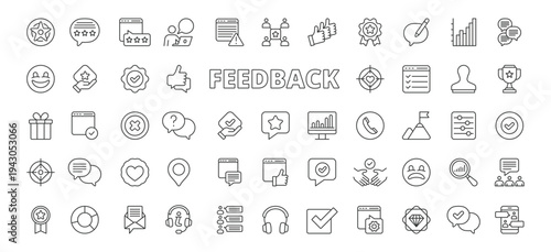 Feedback icons in line design. feedback, review, rating, evaluation, opinion, comment, response on white background vector. Feedback editable stroke icons
