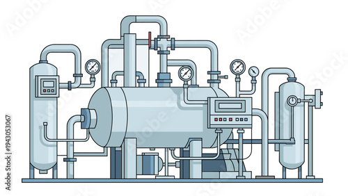 Intricate industrial machine featuring multiple tanks, interconnected pipes, and pressure gauges, depicted in a cool blue and grey color scheme, symbolizing complex engineering.