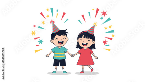 Two joyful children, a boy and a girl, wearing festive party hats and holding hands, surrounded by colorful confetti, symbolizing happiness and celebration.