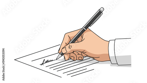 Human hand holding a sleek pen, diligently signing a document with a clear signature, symbolizing agreement, contract, or official approval.