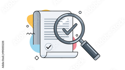 Important document with a checkmark, meticulously examined through a magnifying glass, symbolizing thorough review, successful audit, or official approval.