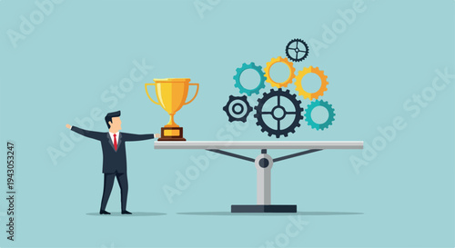 Businessman balancing golden trophy and gears on a table vector illustration