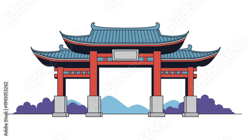 Grand traditional Chinese gate or pagoda featuring striking blue roofs and red pillars, with subtle mountains and clouds in the background, symbolizing culture.