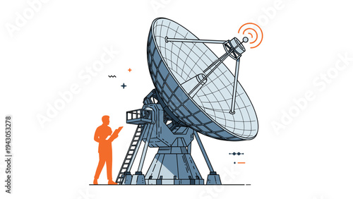 Person standing beside a massive satellite dish, intently operating a tablet, symbolizing modern satellite communication, technological innovation, and data management.