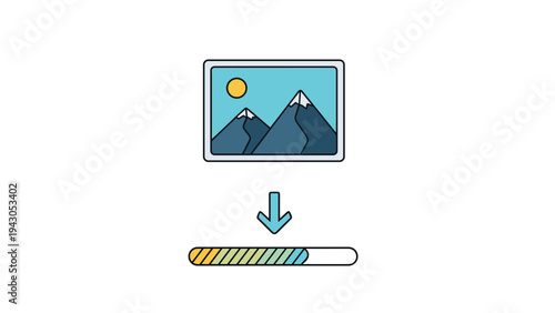 Digital image icon depicting mountains and sun, positioned above a download progress bar and arrow, symbolizing image download or file transfer.