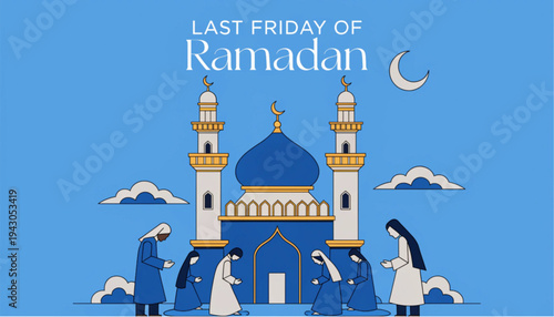 Last Friday of Ramadan: A serene illustration portraying the last Friday of Ramadan, featuring a mosque, symbolic of the celebration, with individuals engaged in prayer.