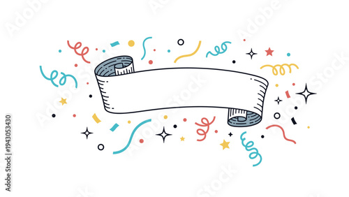 Blank vintage scroll banner elegantly unfurled amidst a burst of colorful confetti and streamers, signifying a celebratory message or announcement.