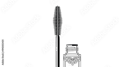 Elegant black and white line art illustration of a mascara wand and its open bottle, symbolizing beauty, makeup, and cosmetics application.