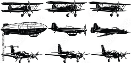 Vintage aircraft silhouette collection featuring biplanes, propeller airplanes, and airship vector icons isolated for aviation, retro transport, military aviation, and aeronautical design concepts
