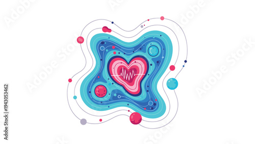 Abstract heart shape with an ECG waveform at its core, surrounded by colorful organic shapes, symbolizing heart health, cardiology, or profound love.