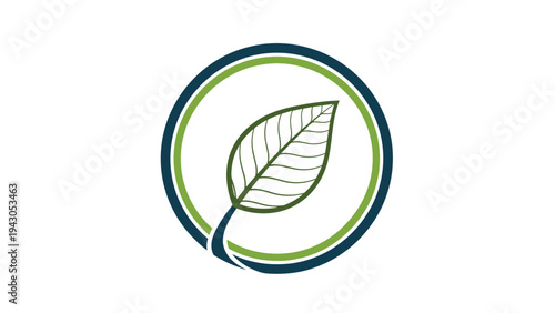 Single vibrant green leaf gracefully enclosed within two concentric circles, symbolizing eco-friendliness, natural products, or environmental sustainability.