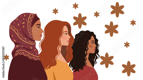 Group of diverse women portraits in profile. Multicultural female community and women solidarity concept. Different hairstyles and identities. Modern flat vector illustration.