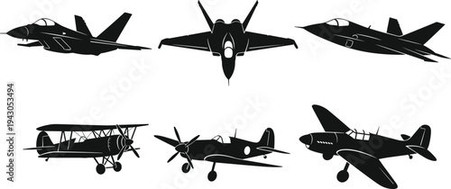 Military fighter jet and vintage propeller aircraft silhouette collection isolated on background featuring modern combat airplanes and classic aviation transport vector set