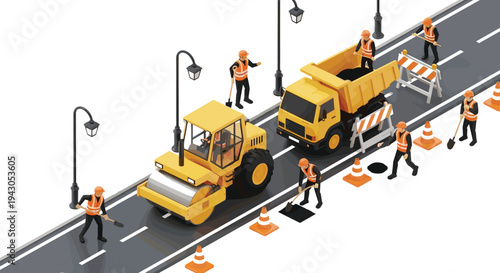 Isometric road construction workers repairing asphalt street with roller compactor dump truck traffic cones and barriers during urban road maintenance project