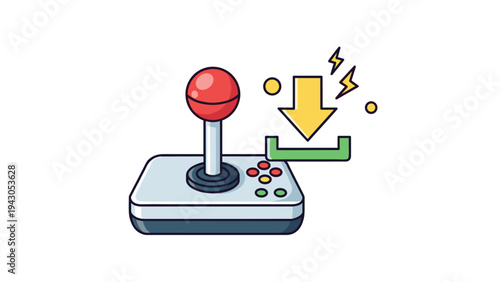 Retro arcade joystick with a download arrow icon, representing digital gaming, entertainment, and the download of video games or software.