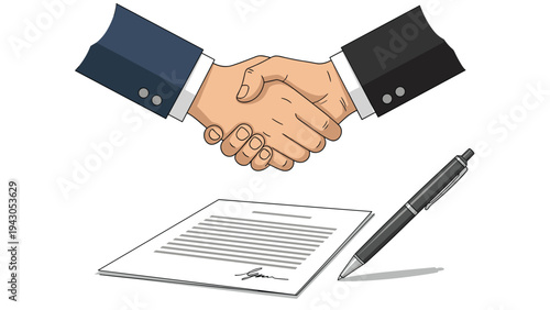 Business agreement concept with a handshake above a signed document and a pen, symbolizing a successful deal, partnership, and contractual commitment.