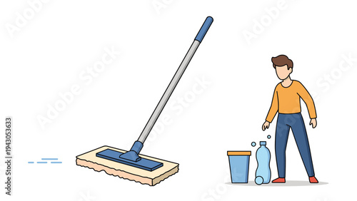 Person standing beside cleaning supplies and a flat mop, symbolizing household chores, professional cleaning services, and maintaining hygiene.