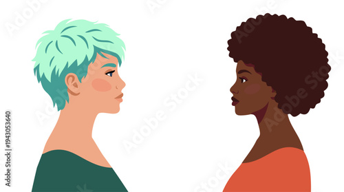Two diverse women facing each other. Multicultural female portraits in profile. Female communication and friendship concept. Modern flat vector illustration.