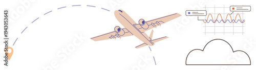 Travel, aviation, data analysis, logistics, destination planning, and flight tracking. An airplane following a path with a cloud and graph. Travel and aviation concept