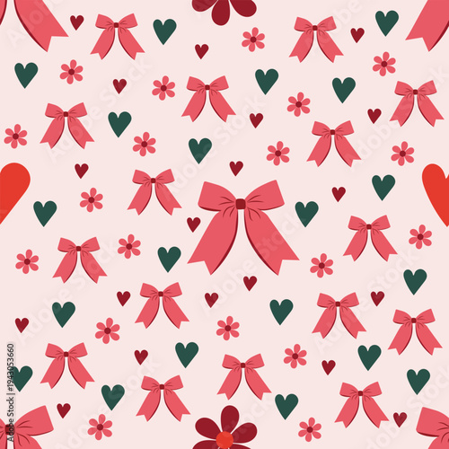 Seamless pattern with bows and hearts on a light background.Vector illustration