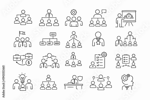 Diverse organizational and teamwork structure concepts illustrated in icons