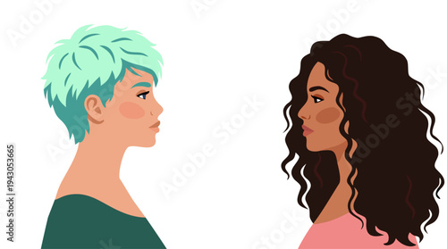 Two diverse women facing each other. Multicultural female portraits in profile. Female communication and friendship concept. Modern flat vector illustration.