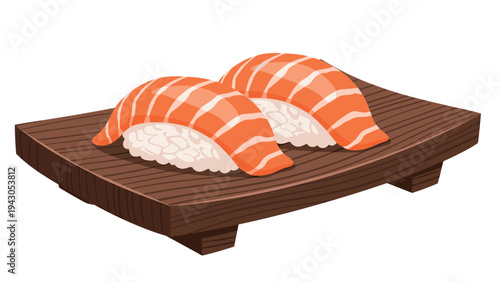 Two perfectly crafted salmon nigiri sushi pieces served on a rustic wooden plate, ideal for Japanese cuisine, healthy eating, and seafood themes.
