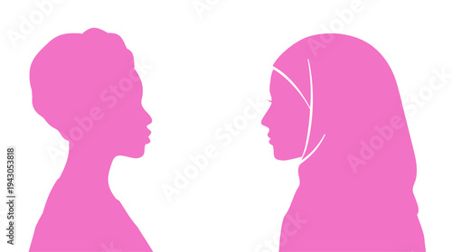 Two diverse women facing each other. Multicultural female portraits in profile. Female communication and friendship concept. Modern flat vector illustration.